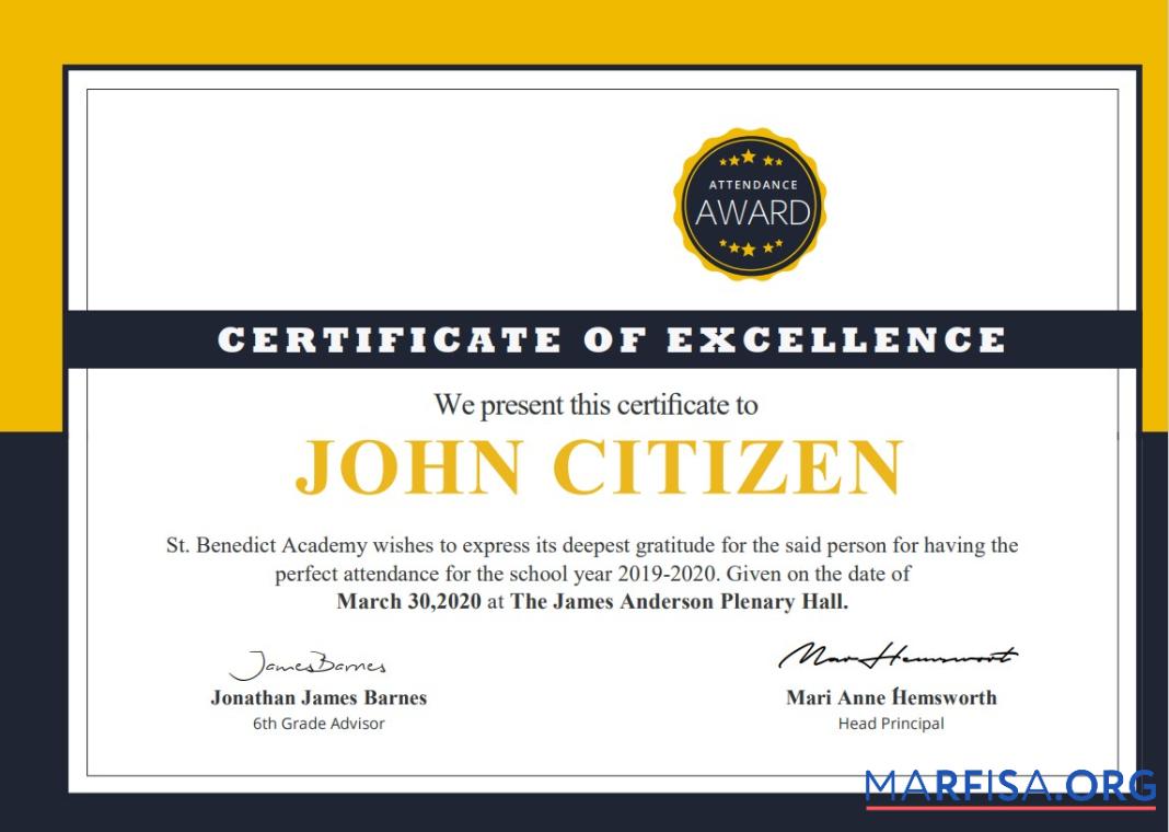 Downloadable USA School Attendance cert sample